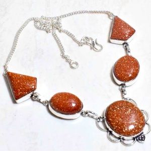 Goldstone sterling silver necklace Unique geometric shape Sandstone sparkly!